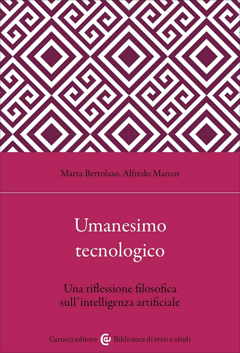 sfondo magenta con motivi geometrici bianchi e viola nella parte superiore; titolo e sottotitolo dedicati a una riflessione filosofica sull’intelligenza artificiale.