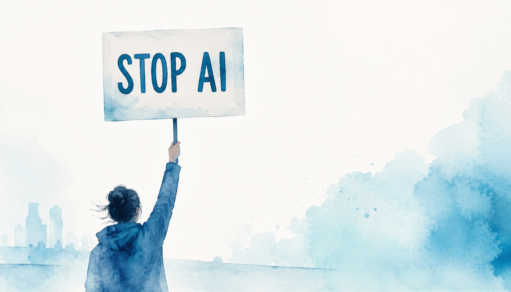 Una persona che espone un cartello con su scritto "STOP AI" durante una manifestazione