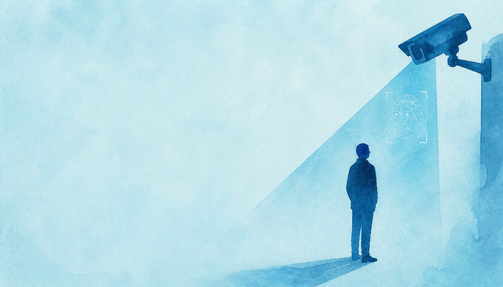 persona sotto una telecamera che fa analisi biometrica. toni blu e azzurro