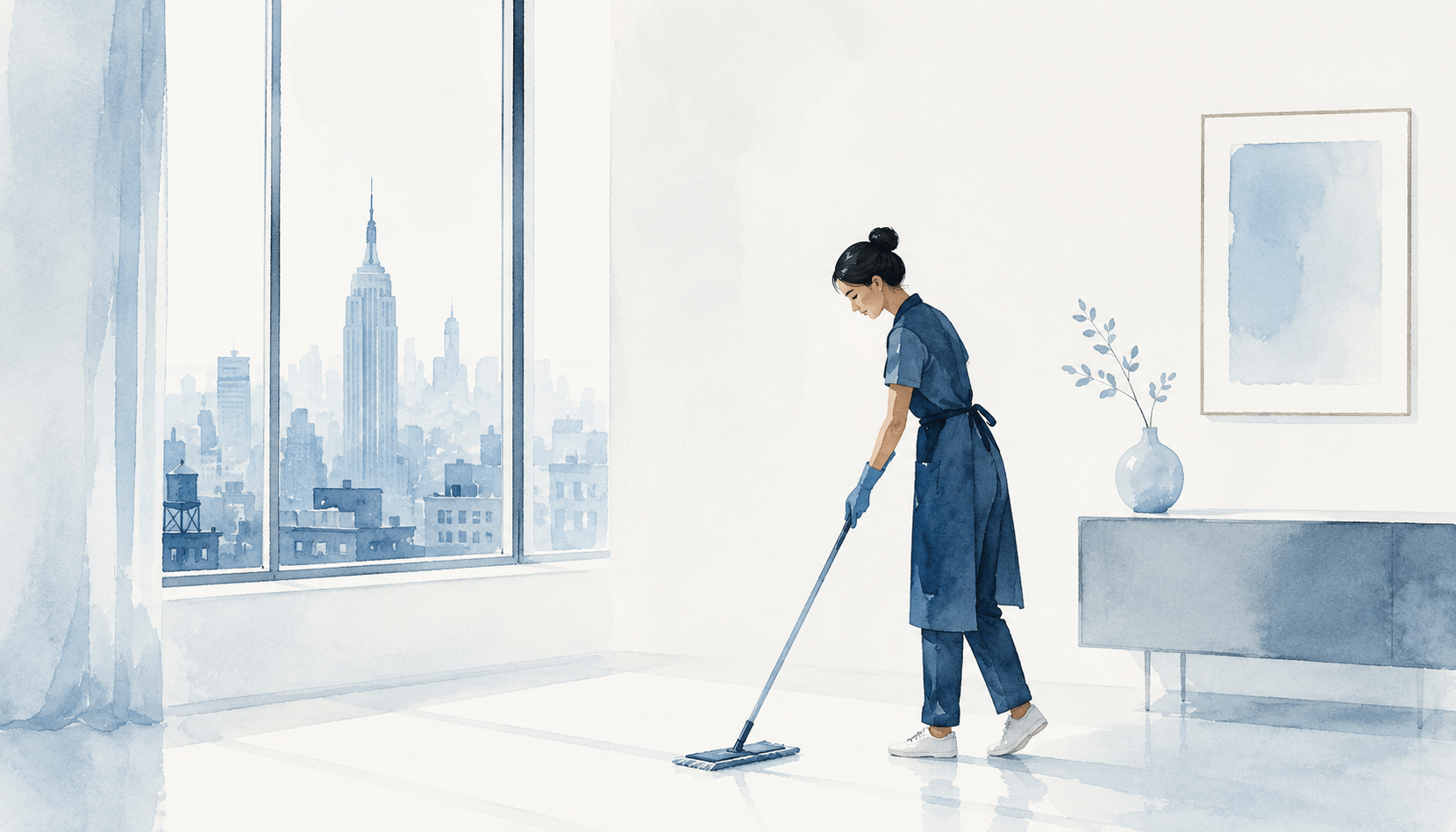 Donna delle pulizie in un appartamento a New York
