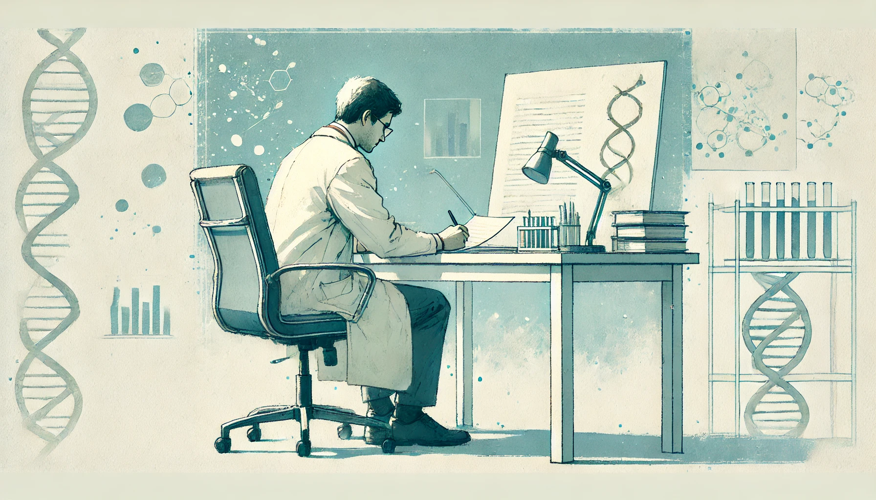 Un ricercatore scientifico che sta scrivendo una nuova scoperta scientifica