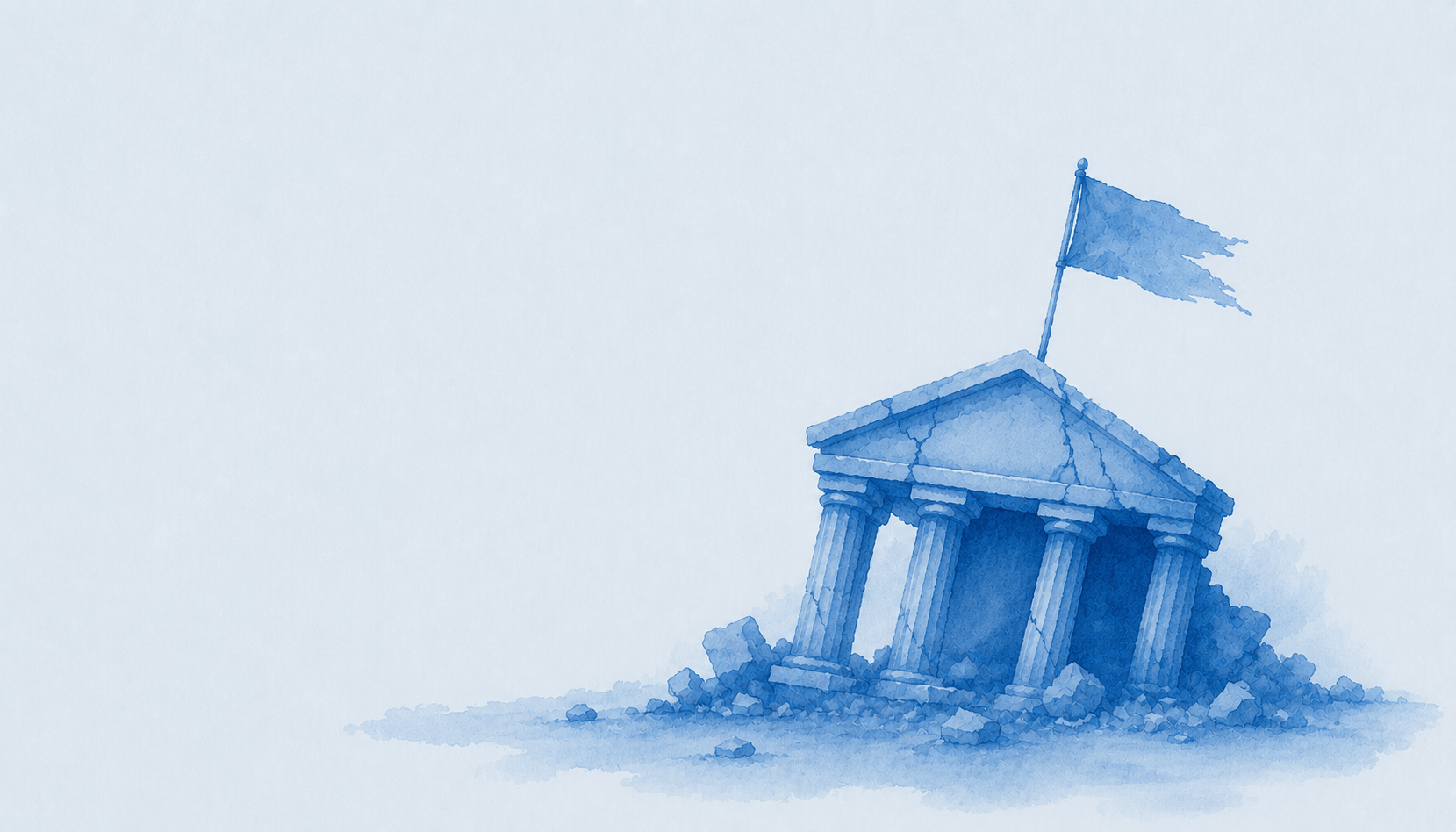 tempio in rovina e bandiera strappata. colori azzurro, bianco e blu. significato: il governo delle ia non regge secondo un esperimento.