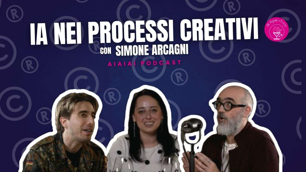 copertina dell'episodio "IA nei processi creativi", di AI Aperitivo, il format lungo di aiaiai podcast. l'immagine ritrae i tre speaker e il titolo dell'episodio in alto