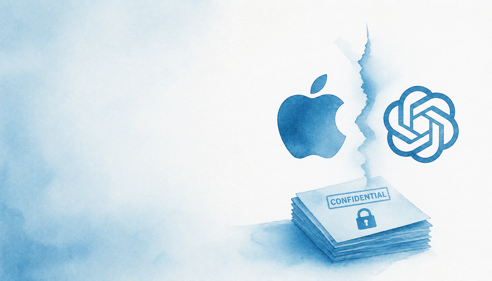 causa apple contro openai. loghi delle due aziende con al centro faldone di documenti. colori: azzurro, bianco e blu