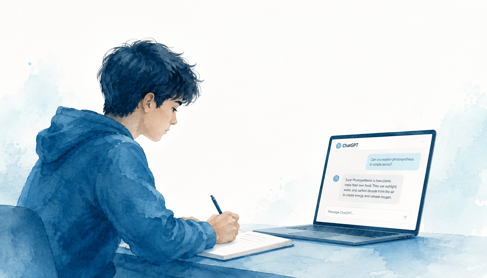 Un adolescente che fa i compiti su un quaderno con di fronte un computer aperto su chatgpt