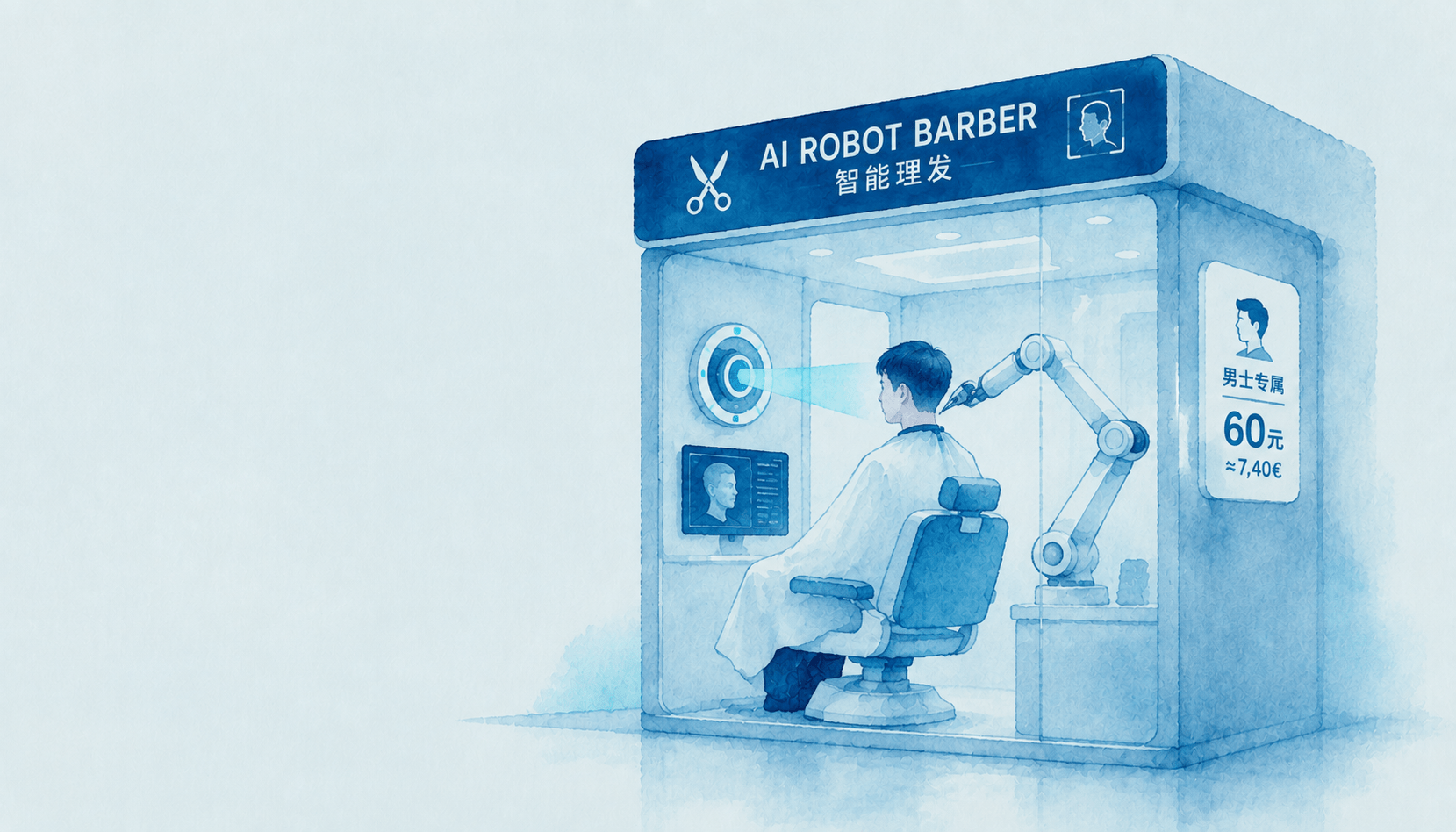 robot barbiere. colori azzurro, bianco e blu.