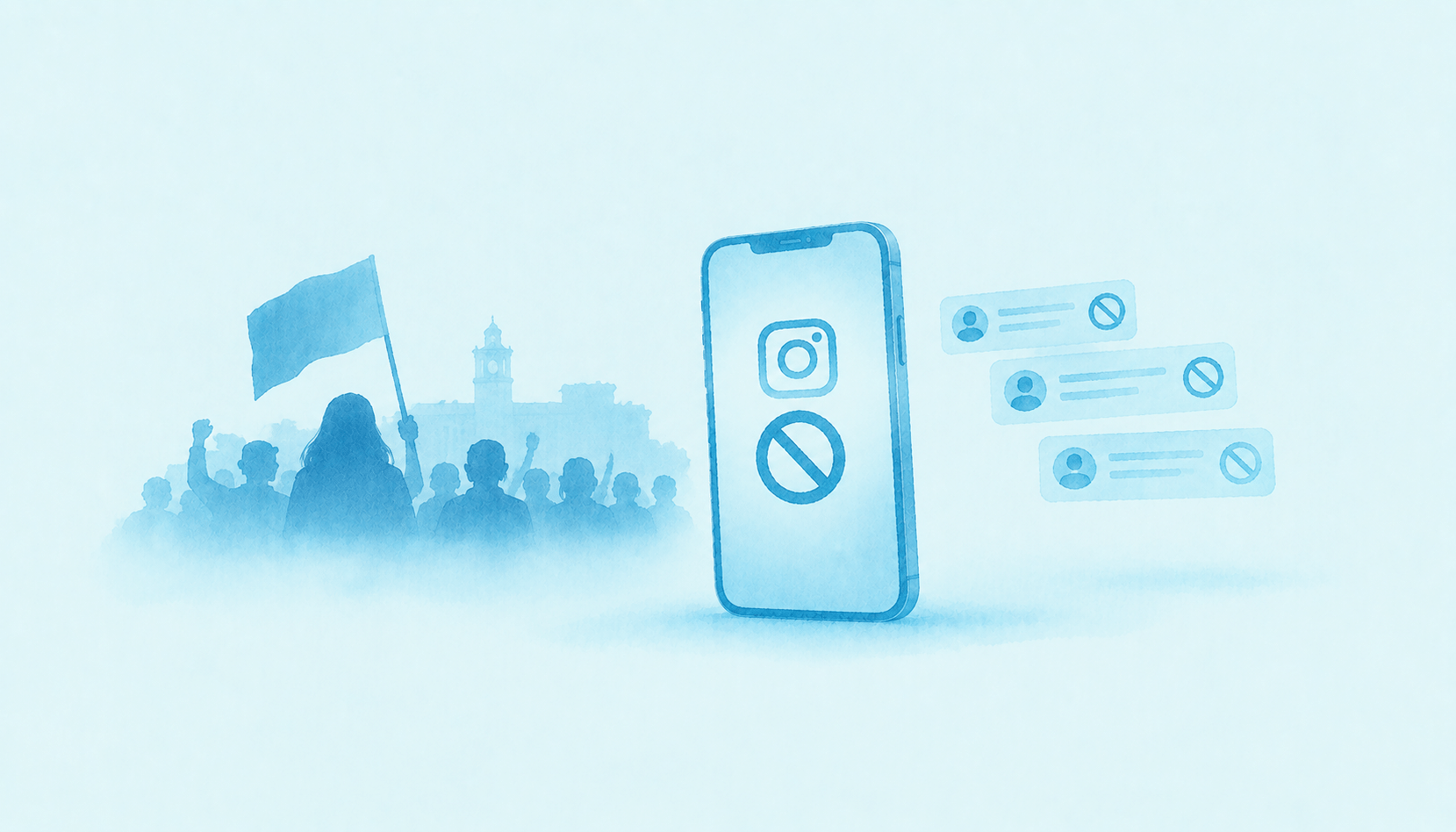 telefono celulare con un divieto sullo schermo e dietro persone che protestano. significato censura e proteste in albania. colori: colori azzurro, bianco e blu.