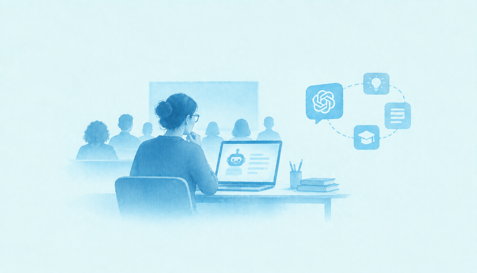 docente in aula con intelligenza artificiale. colori azzurro, bianco e blu.