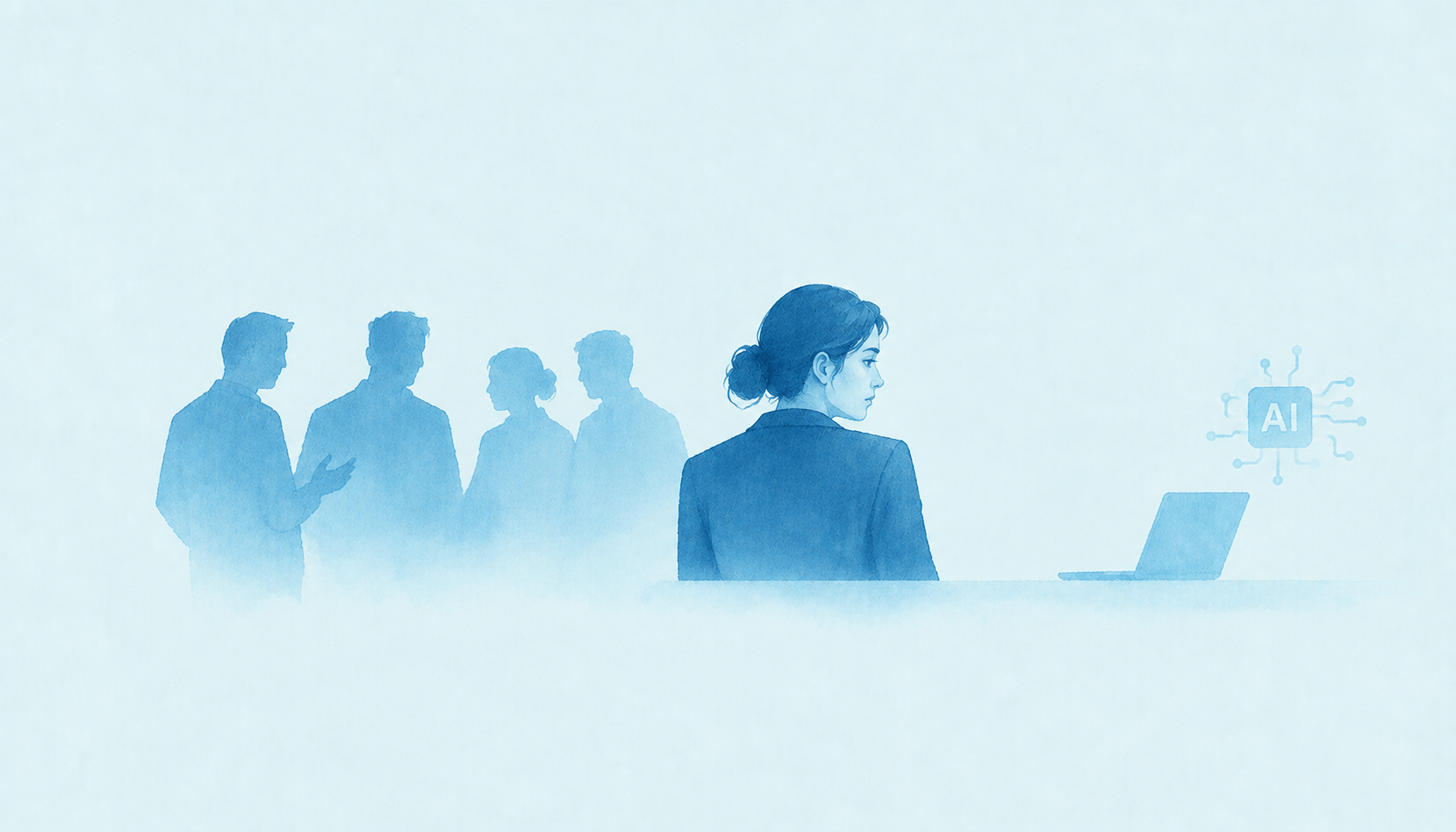 in primo piano una donna vicino ad un pc e sullo sfondo uomini che parlano. colori azzurro e blu