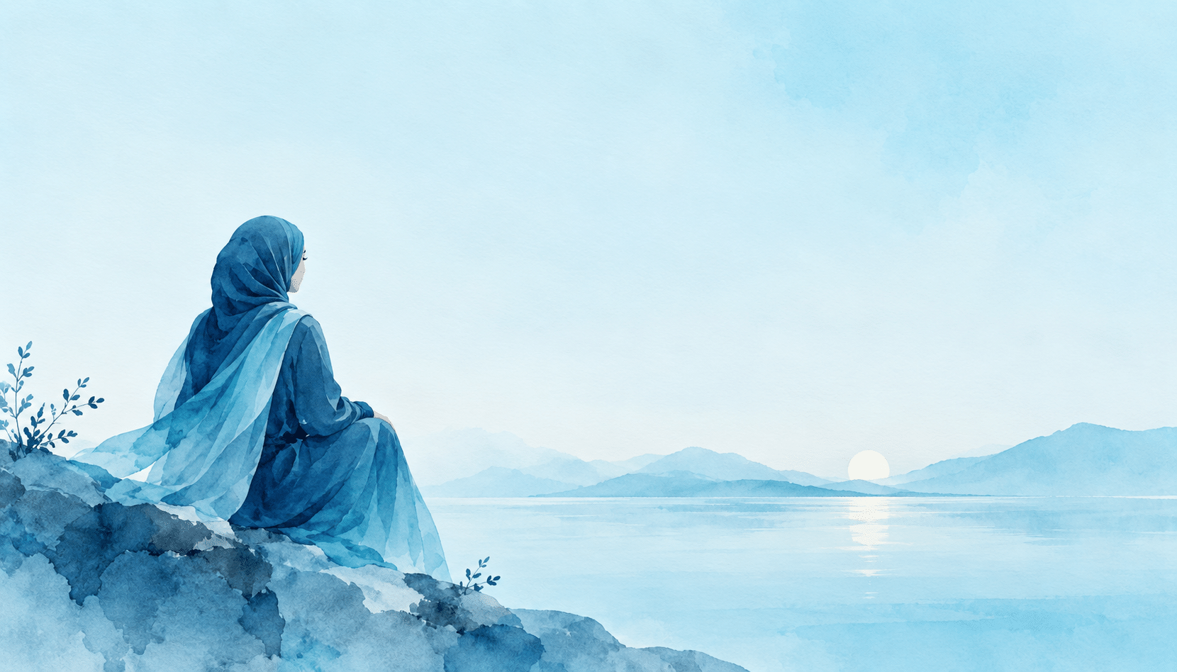 Donna musulmana che contempla un lago