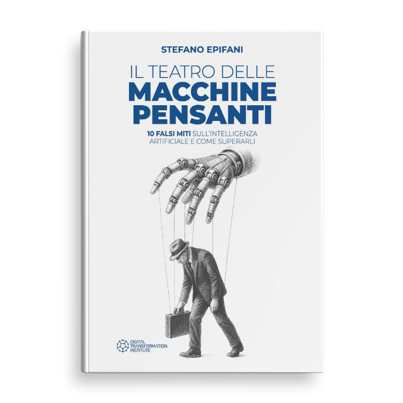 Copertina bianca con titolo blu e illustrazione in bianco e nero di una mano robotica che manovra un uomo come una marionetta.